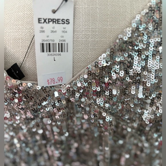 Express Silver Sequin V-Neck Wrap Bodysuit - Picture 12 of 13